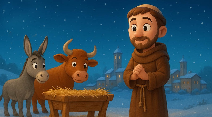 kindgerechte Darstellung: der hl. Franziskus, Ochs und Esel an einer Krippe, im Hintergrund: winterliches Dorf